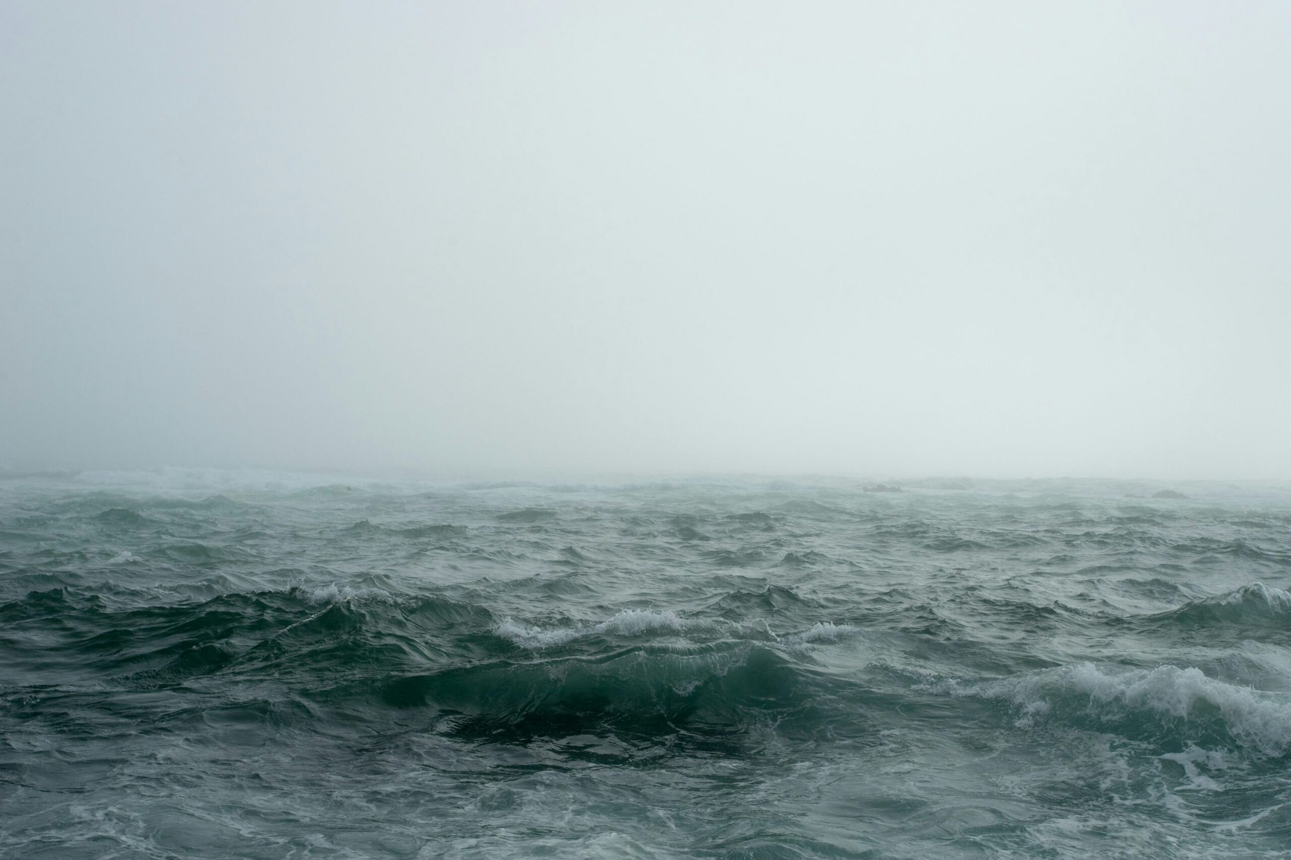 A wide shot of dark, choppy ocean waves under a thick, light gray fog.