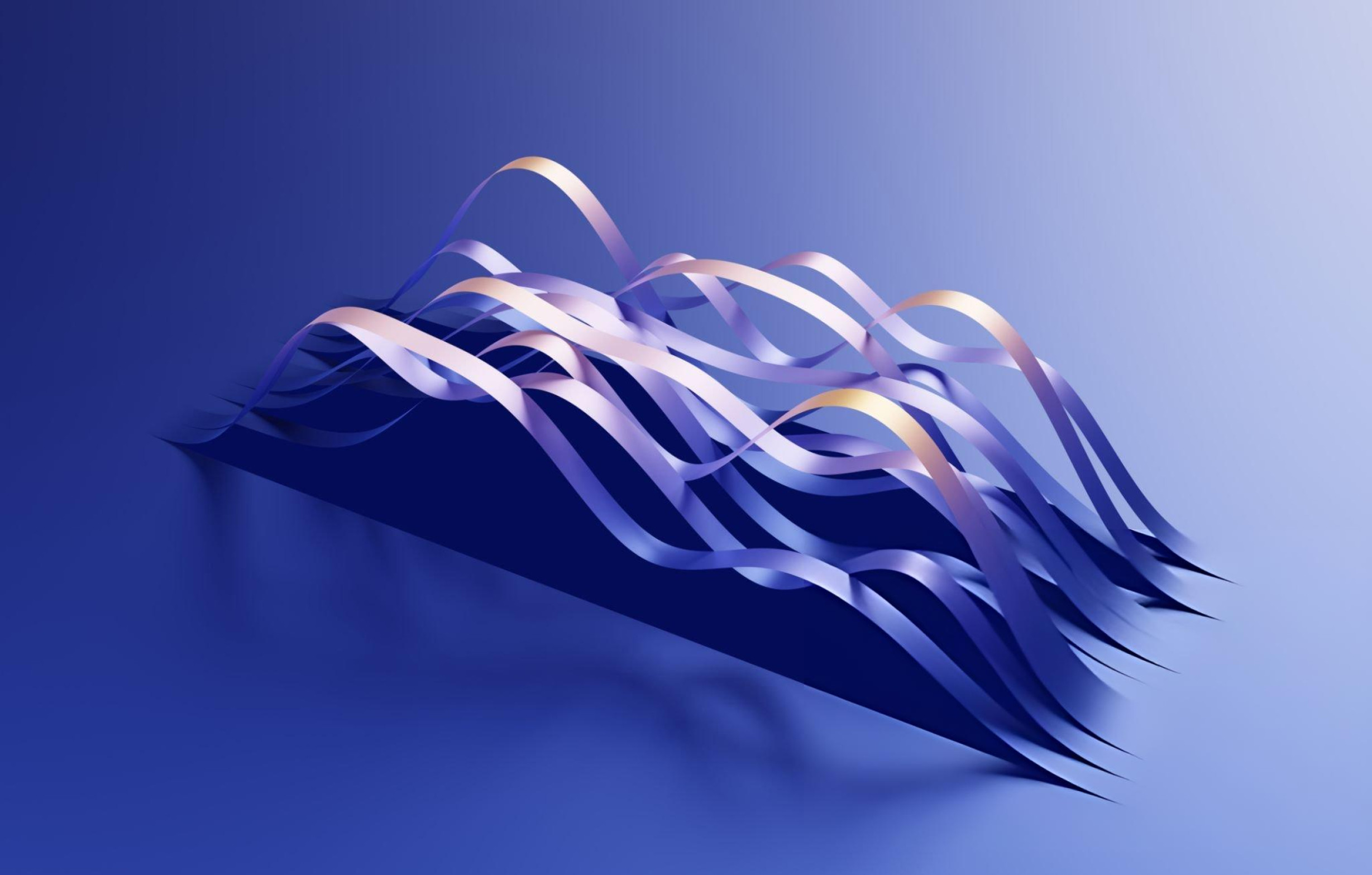Abstract image showing multiple undulating blue and purple ribbons with golden highlights casting shadows on a gradient blue background.
