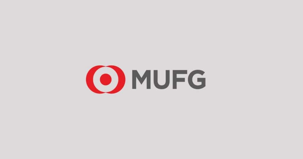 MUFG logo, with a red circular graphic and dark gray text on a light gray background.