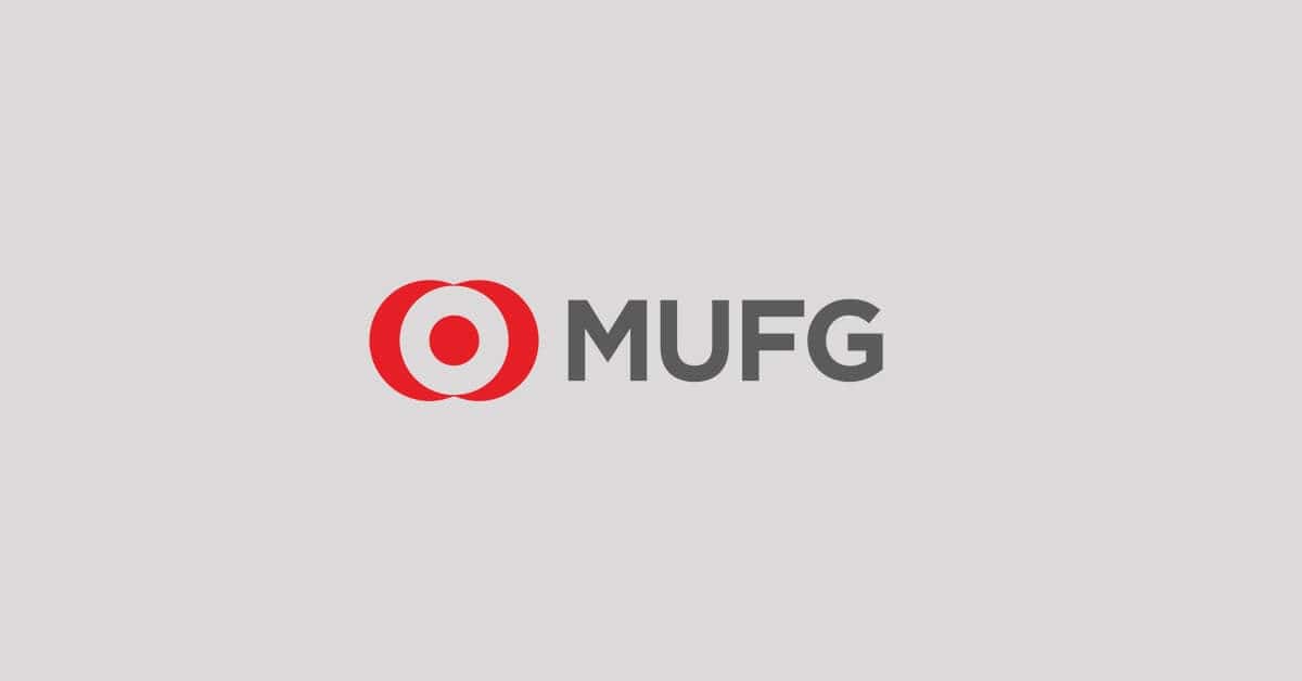 MUFG logo, with a red circular graphic and dark gray text on a light gray background.