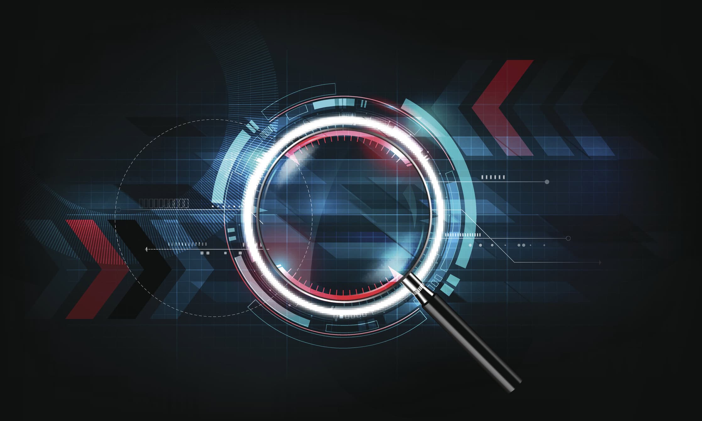 A digital magnifying glass with a glowing white and blue frame over a dark, grid-patterned technological background with red and blue geometric shapes.