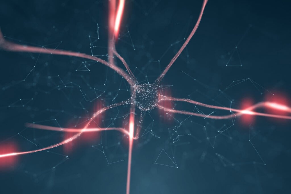 Abstract digital illustration of a glowing red neural network with a central cluster and radiating tendrils against a dark teal background.