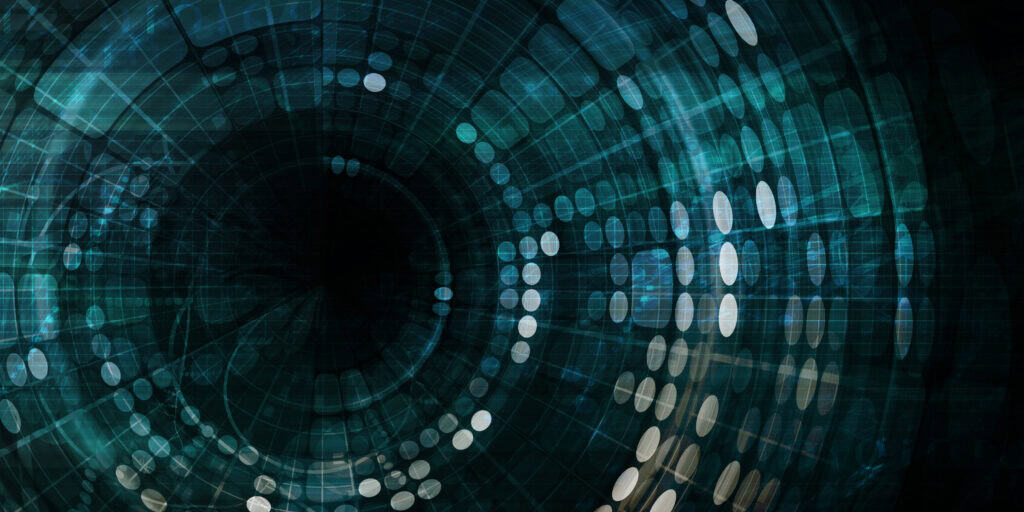 Abstract digital background with a dark central void, radiating teal and blue grid lines, and glowing white and light blue circular patterns suggesting data or technology.