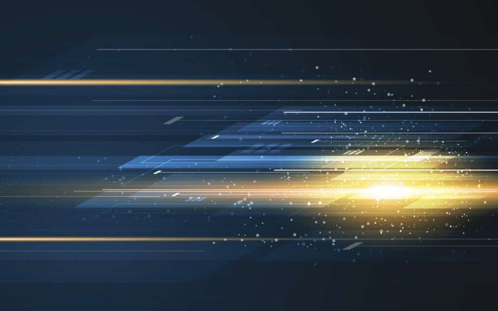 Abstract digital background with horizontal blue and white lines, geometric shapes, and a bright yellow-orange light streak with scattered particles.