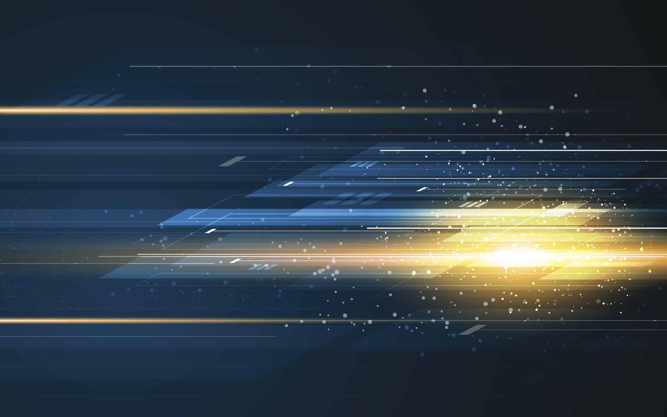 Abstract digital background with horizontal blue and white lines, geometric shapes, and a bright yellow-orange light streak with scattered particles.