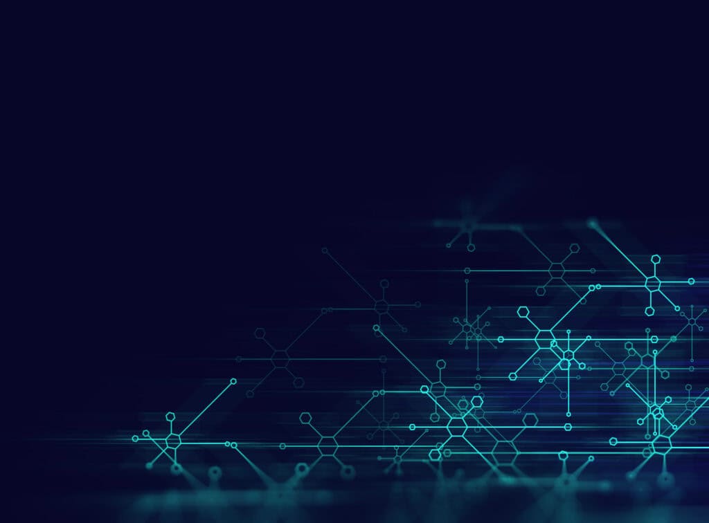 Abstract background with glowing teal hexagonal network patterns on a dark blue gradient.