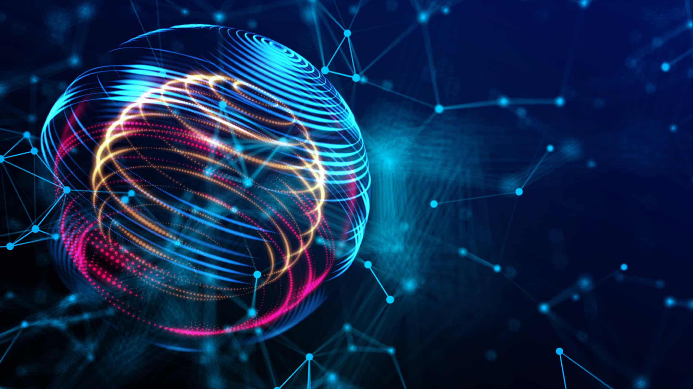 Abstract digital sphere with glowing blue, magenta, and orange lines, surrounded by an interconnected network of blue dots and lines on a dark blue background.