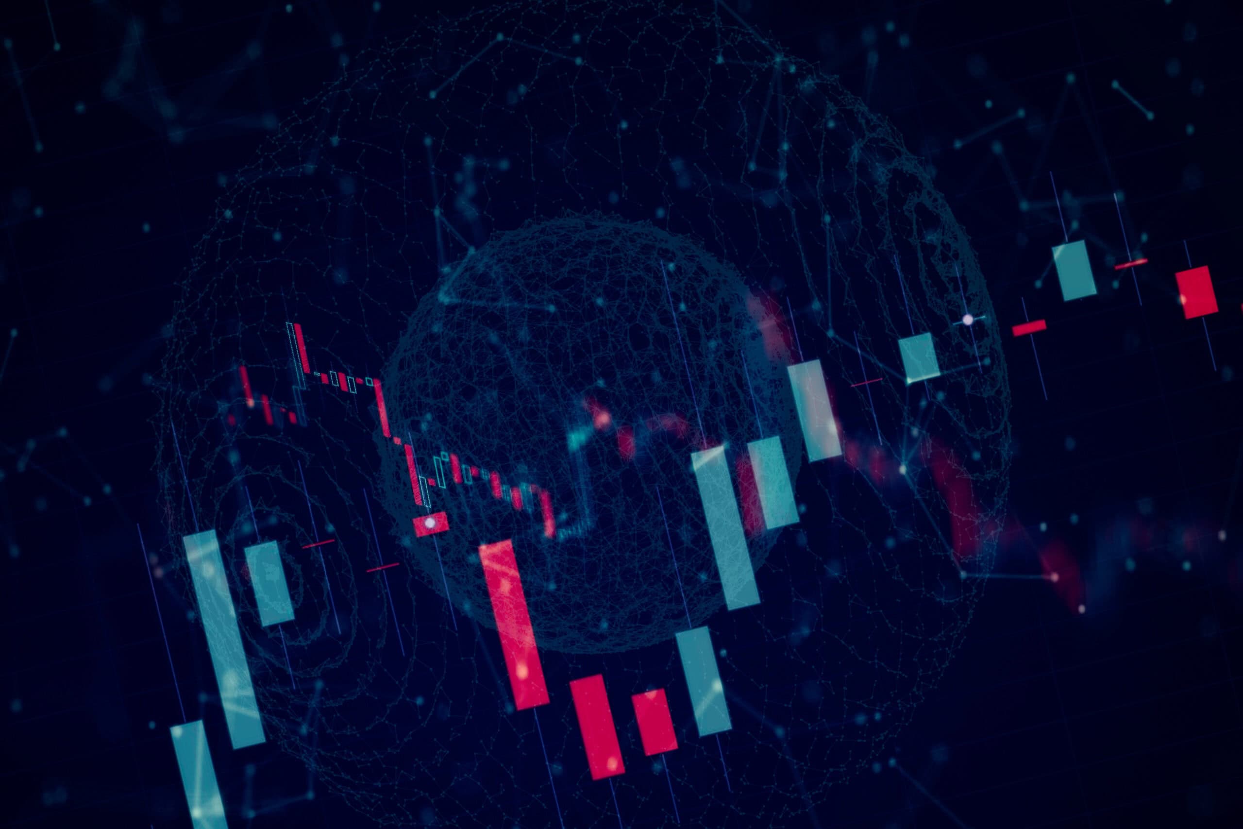 Abstract image showing a wireframe globe with glowing lines and dots, overlaid with a candlestick chart featuring red and light blue/green bars on a dark blue background.