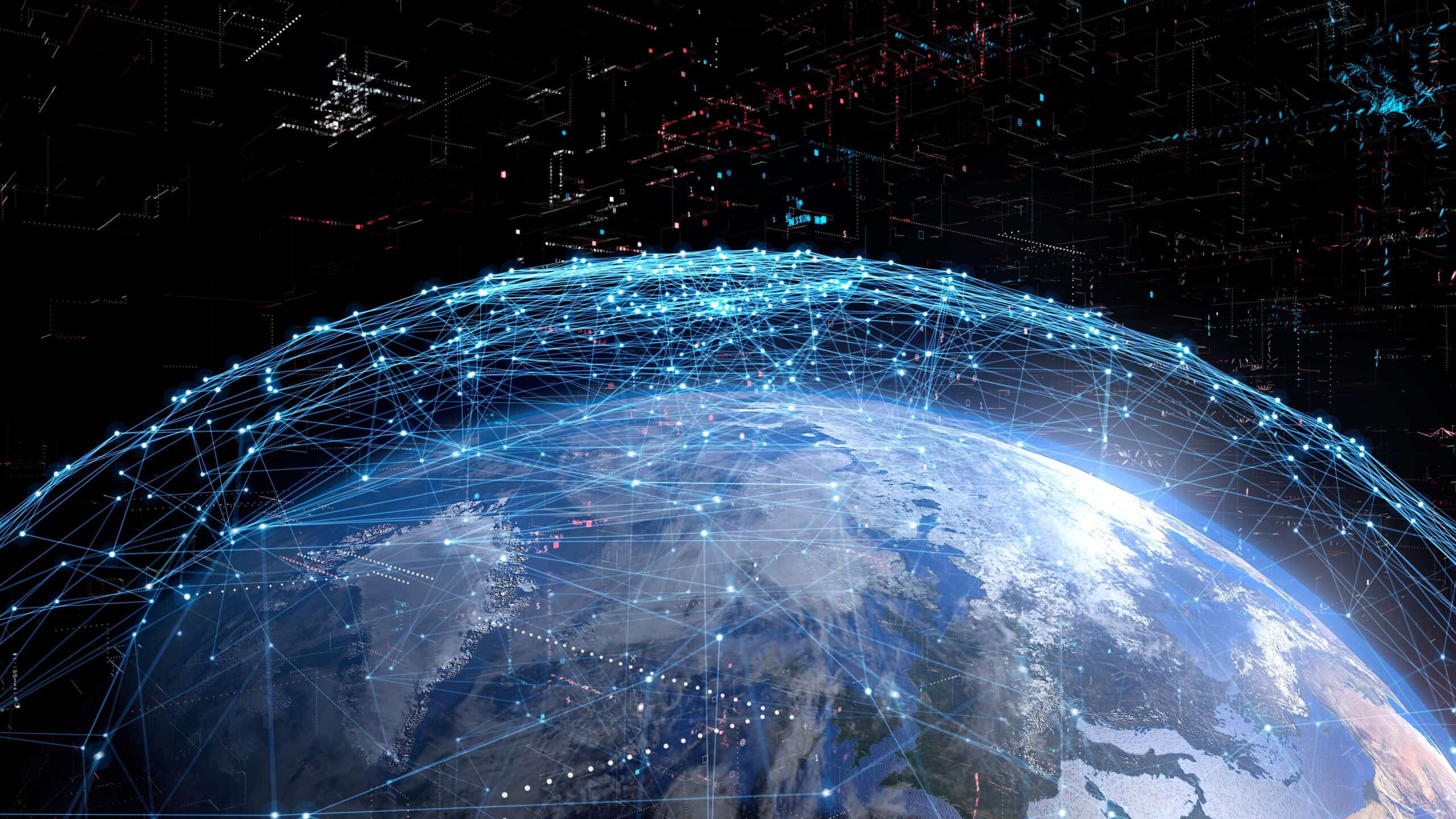 Digital rendering of Earth covered by a glowing blue network of interconnected lines and nodes, with abstract red and white data symbols in the dark background.