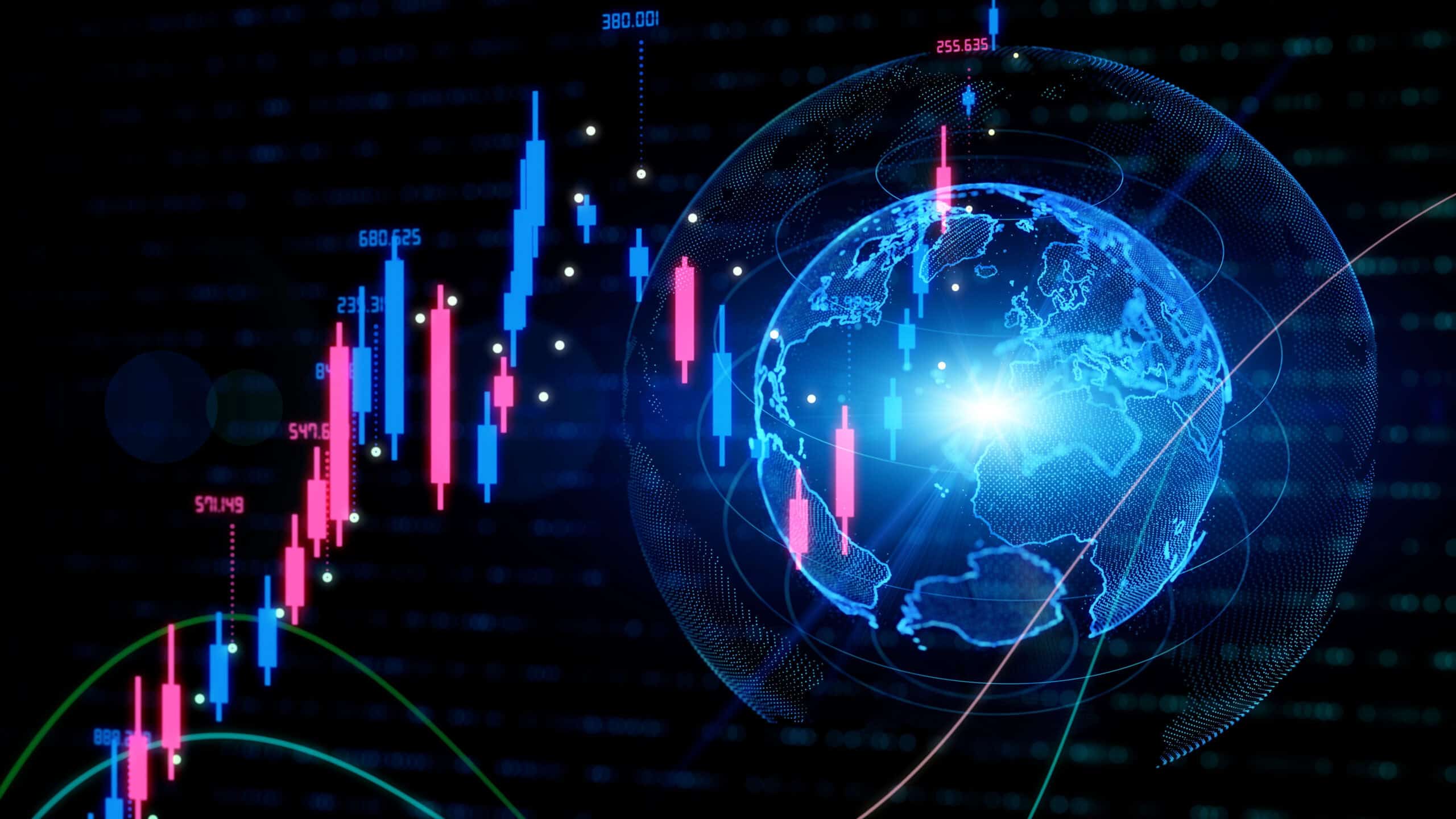 A digital blue wireframe globe with glowing light, surrounded by blue and pink candlestick charts displaying numerical financial data against a dark background.