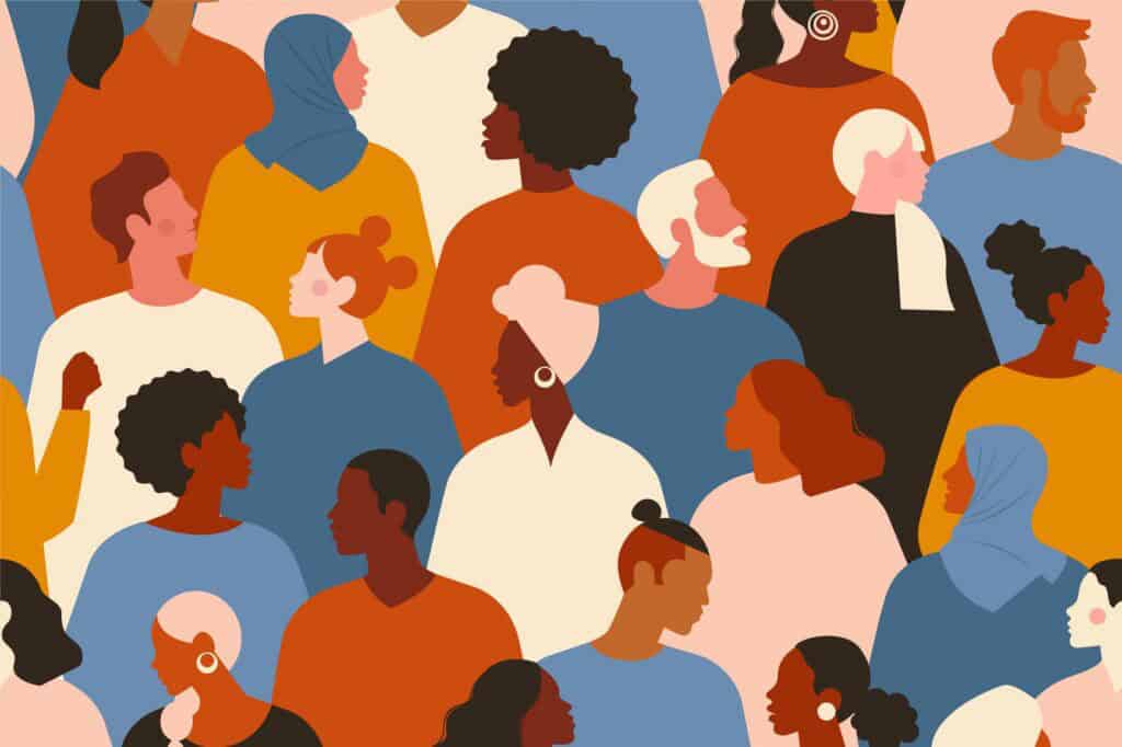 Illustration of a diverse group of people with various skin tones, hairstyles, and clothing, depicted in profile.