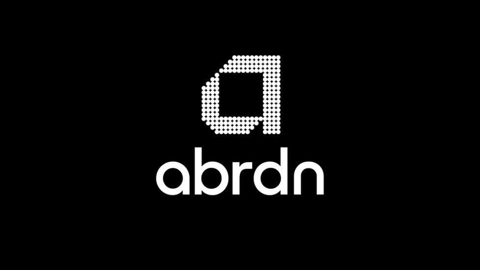 Abrdn logo: a white, dotted, stylized 'a' symbol above the white word 'abrdn' on a black background.