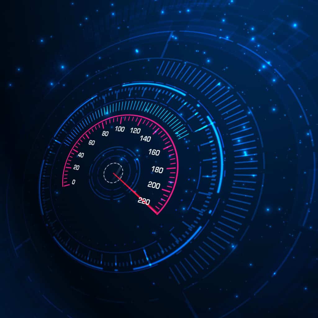 A digital speedometer with a red needle pointing to 220, set against a dark blue, glowing technological background.