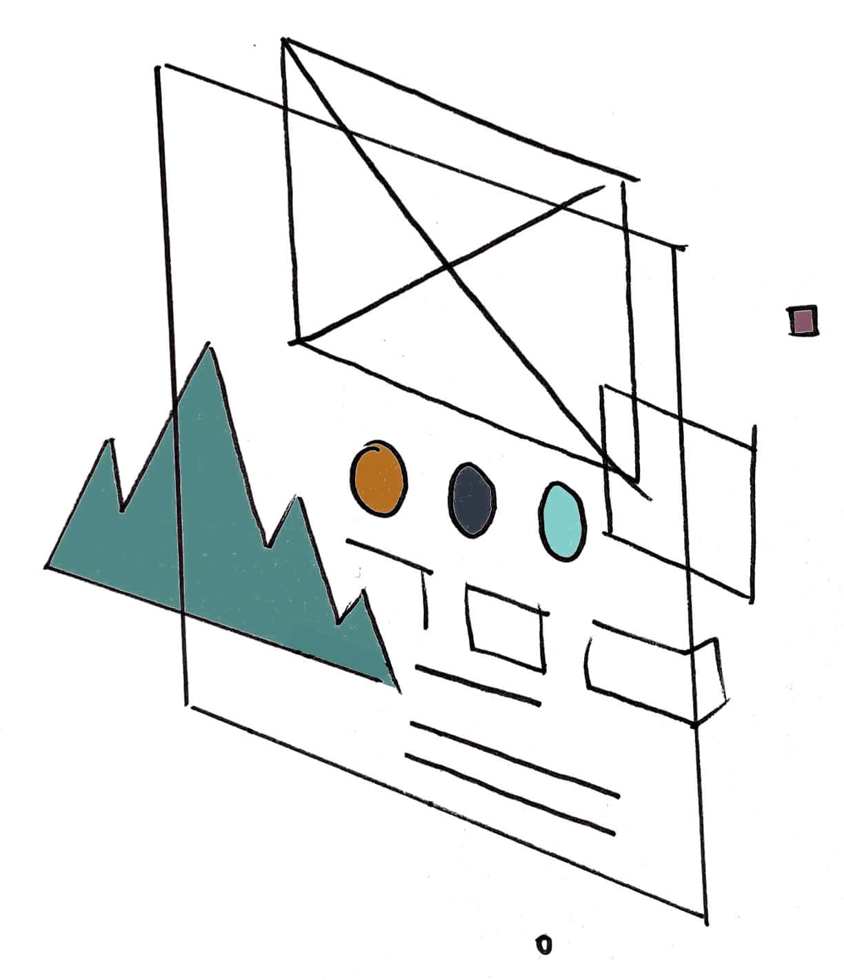 Abstract hand-drawn illustration with geometric shapes, including a teal mountain, three colored circles, and outlined rectangles, on a white background.