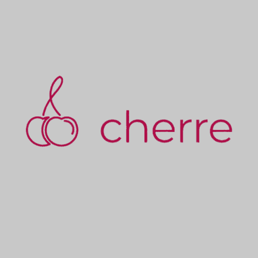 Logo for 'cherre' with two outlined cherries next to the word 'cherre' in dark pink on a gray background.