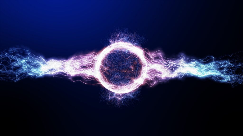 Abstract image of a glowing particle sphere with wavy, energetic light tendrils extending horizontally on a dark background.