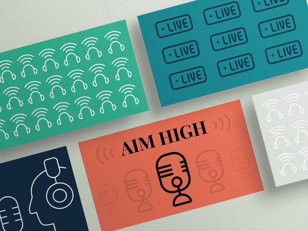 Five colorful cards with audio-themed designs, including headphones, microphones, and 'LIVE' text, arranged on a light background.