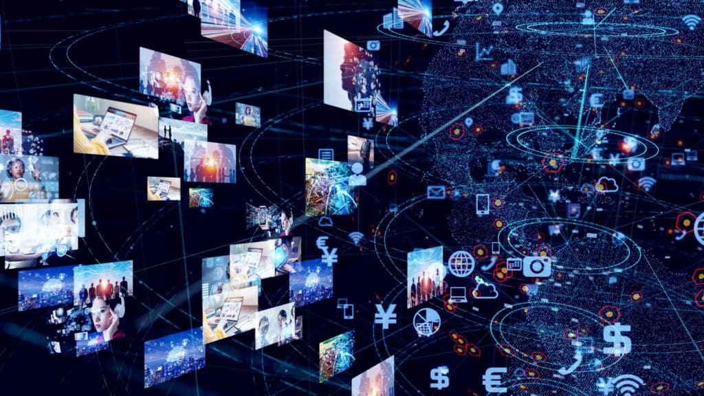 A digital network with multiple floating screens showing various media and technology scenes, overlaid on a glowing blue globe with digital icons like currency, cloud, and Wi-Fi symbols.