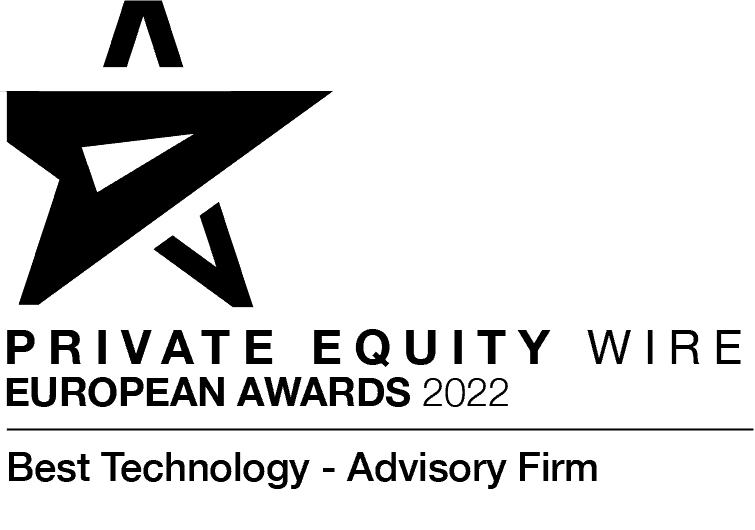 Logo for Private Equity Wire European Awards 2022, recognizing 'Best Technology - Advisory Firm'.