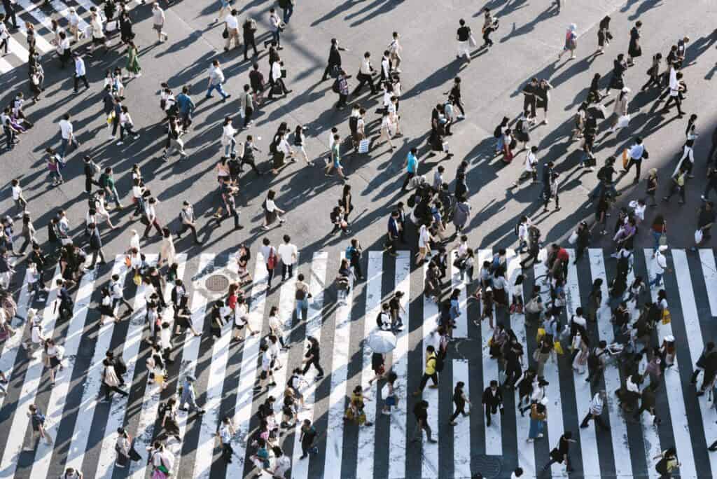 High-angle view of a large crowd of people crossing a street at a white-striped crosswalk, casting long shadows.