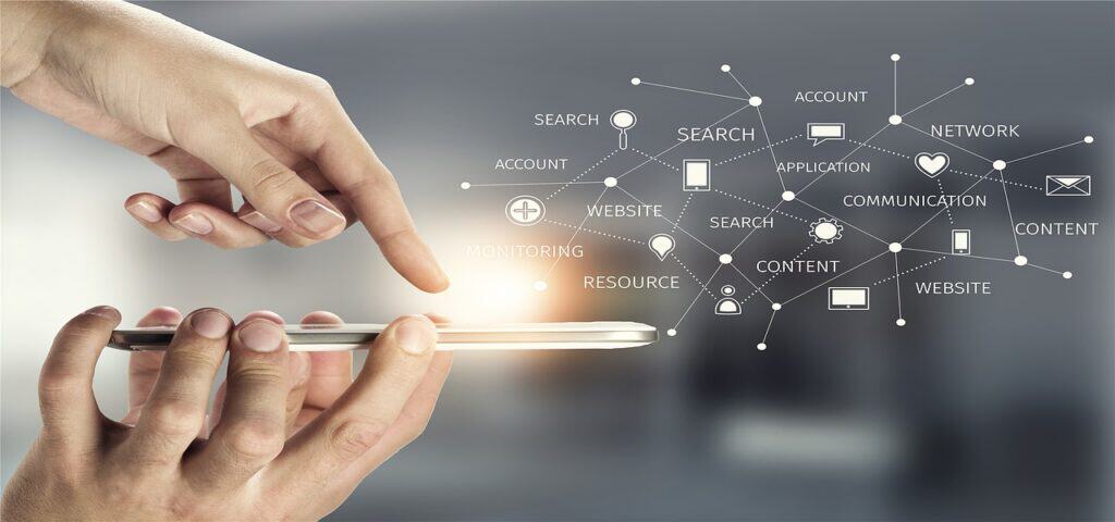 A hand holding a white smartphone, with another hand's finger pointing at the screen, overlaid with a digital network of interconnected words and icons representing search, account, communication, and other online services.