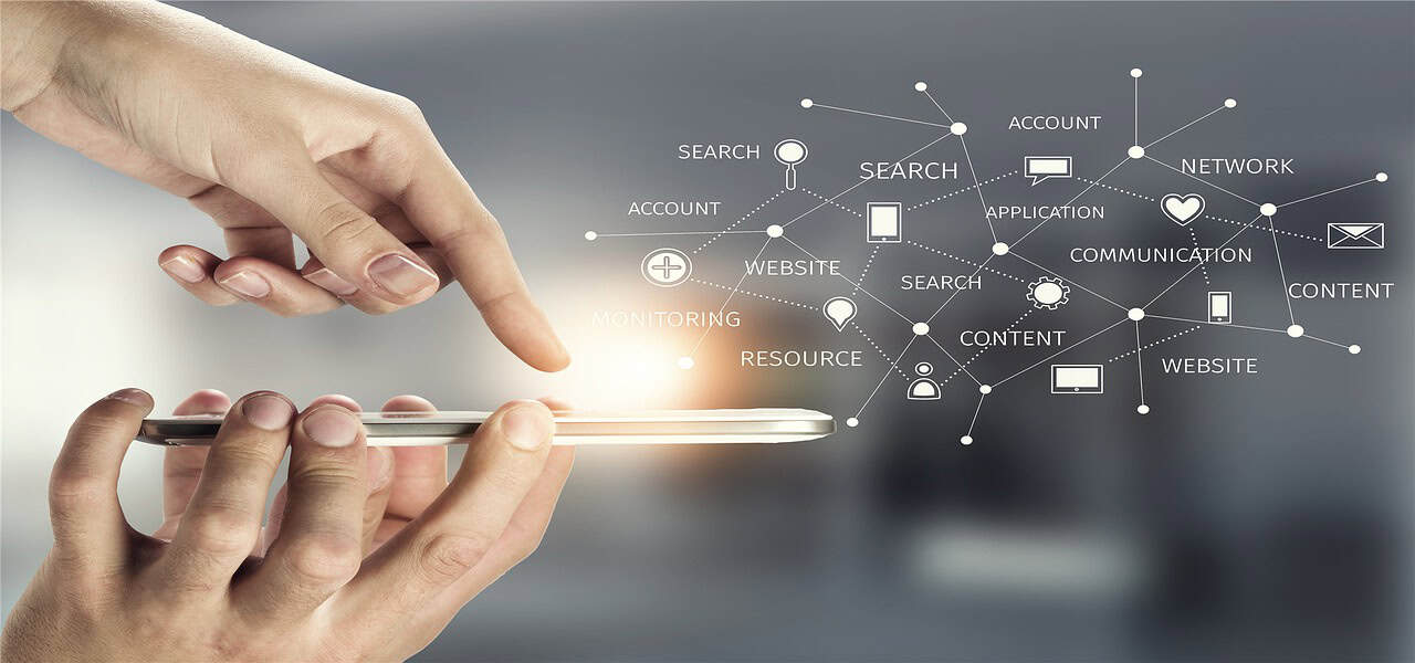A hand holding a white smartphone, with another hand's finger pointing at the screen, overlaid with a digital network of interconnected words and icons representing search, account, communication, and other online services.