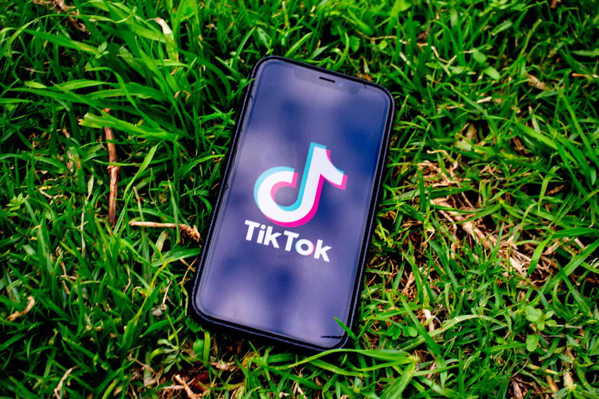 A black smartphone with the TikTok logo on its screen lies on green grass.