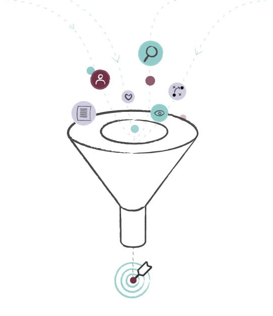 An illustration of a funnel with various icons like a magnifying glass, person, document, heart, and eye flowing into it, leading to a target with a dart hitting the bullseye at the bottom.