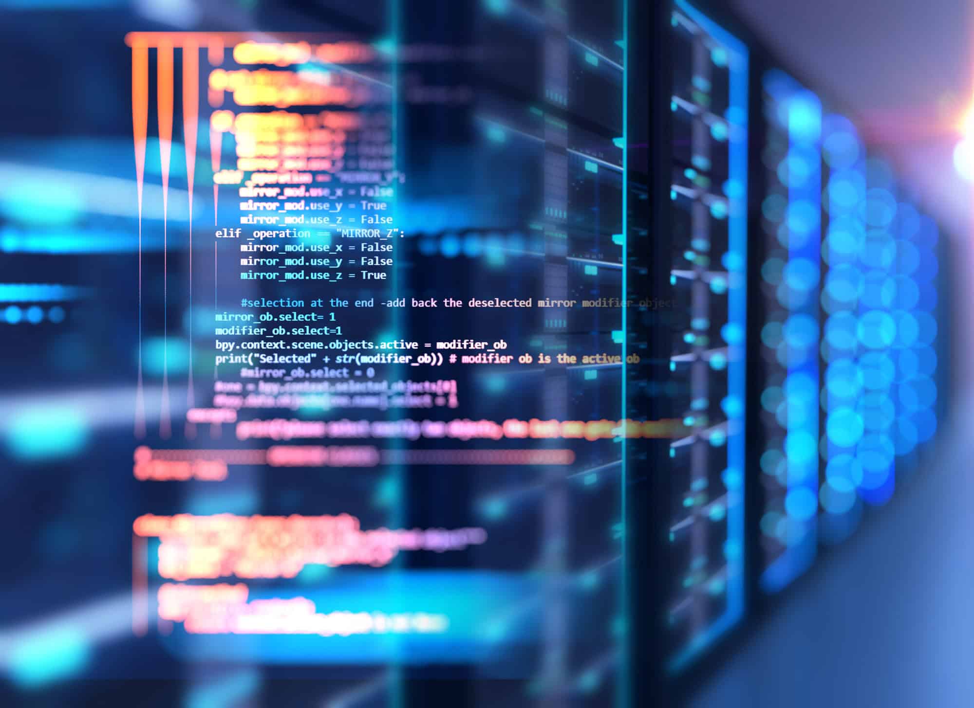 Digital display of Python code on a screen, with blurred server racks and blue glowing lights in the background.