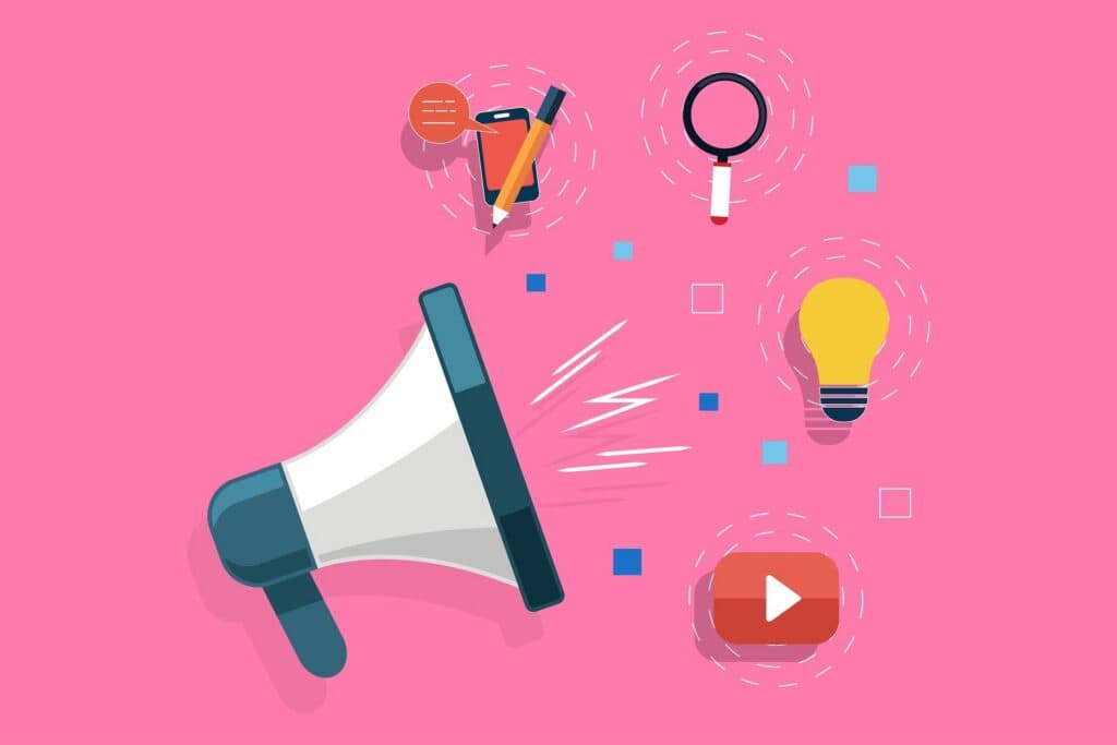 Illustration of a megaphone, smartphone, pencil, magnifying glass, lightbulb, and YouTube icon on a pink background, representing digital communication and ideas.