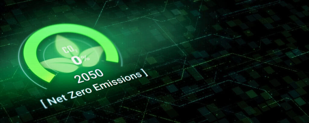A digital graphic showing a green circular gauge with 'CO2 0%' and leaf icons, '2050', and '[Net Zero Emissions]' on a dark, tech-inspired background.