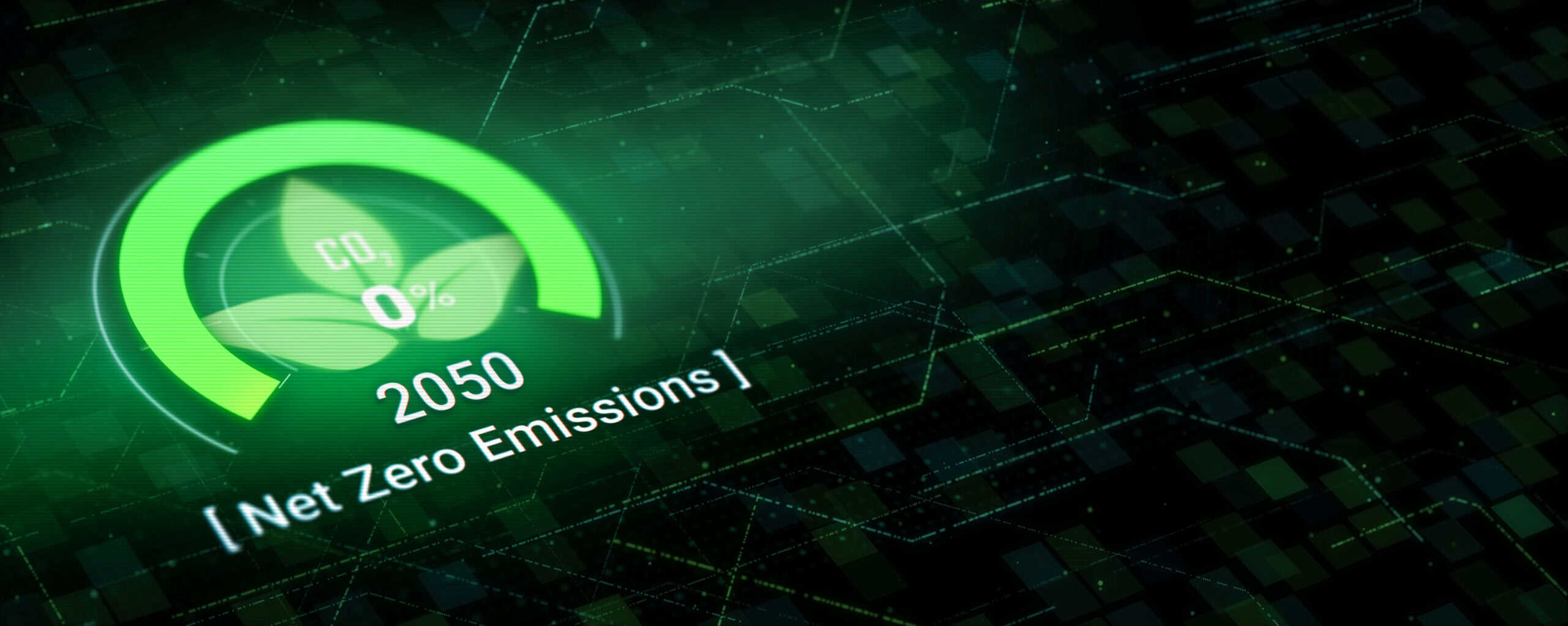 A digital graphic showing a green circular gauge with 'CO2 0%' and leaf icons, '2050', and '[Net Zero Emissions]' on a dark, tech-inspired background.