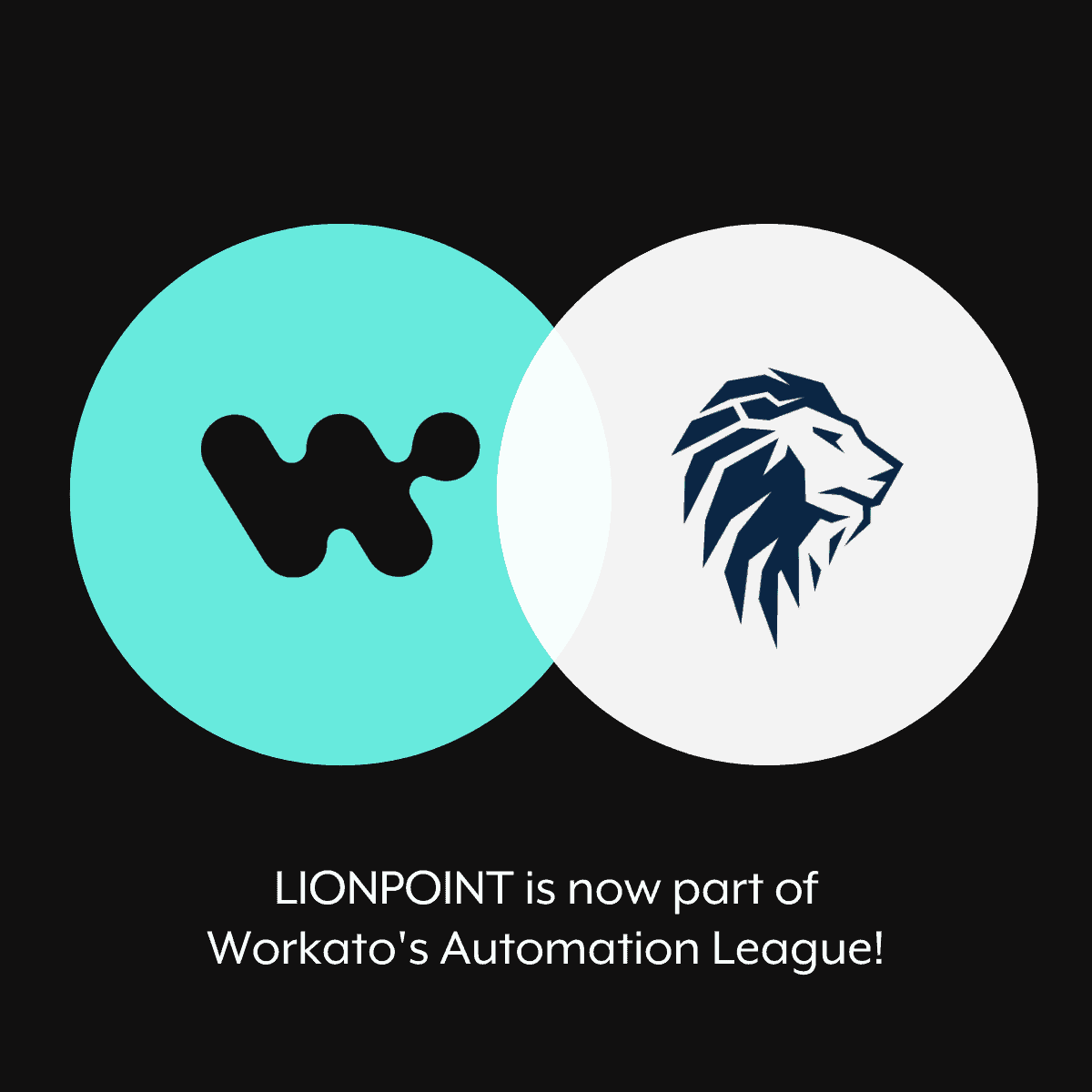 A teal circle with a black 'W' logo overlaps a white circle with a dark blue lion head logo. Text below reads: LIONPOINT is now part of Workato's Automation League!