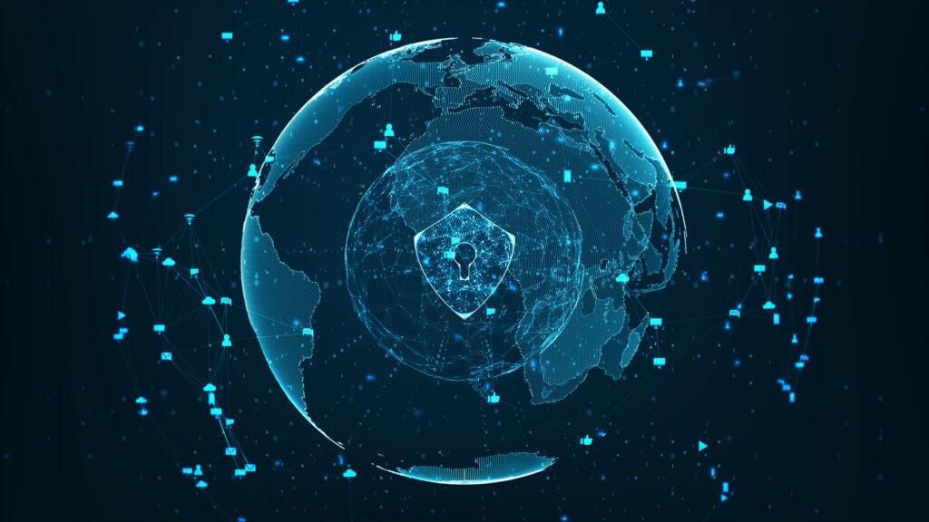 Digital globe with a central shield icon, surrounded by a network of interconnected digital symbols like user profiles, cloud icons, and messages, all in glowing blue on a dark background, representing global cybersecurity.