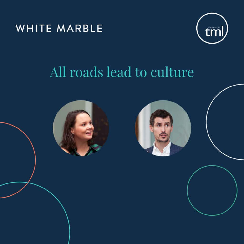 A dark blue graphic with 'WHITE MARBLE' and 'All roads lead to culture' text. It features circular profile photos of a woman and a man, and a 'PARTNERS tml' logo. Abstract circular outlines are also visible.