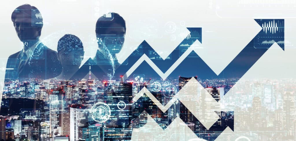 Composite image showing silhouettes of three business people, a nighttime cityscape, and an upward-pointing arrow graph with digital interface elements.