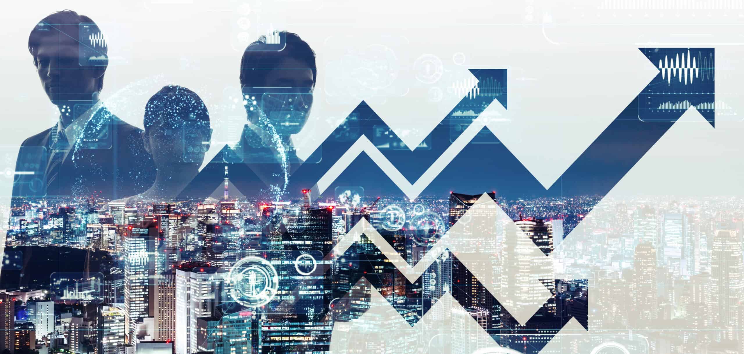 Composite image showing silhouettes of three business people, a nighttime cityscape, and an upward-pointing arrow graph with digital interface elements.
