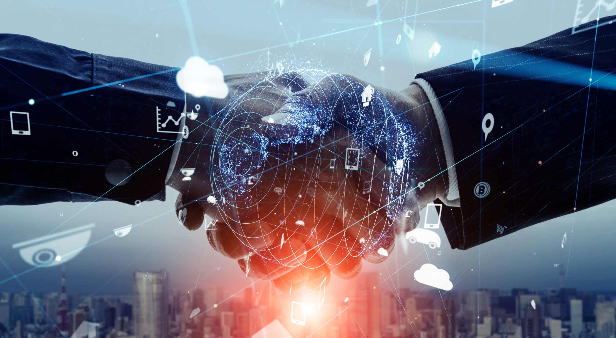 Two people shaking hands, overlaid with a glowing digital network sphere and various technology icons, against a blurred cityscape background.