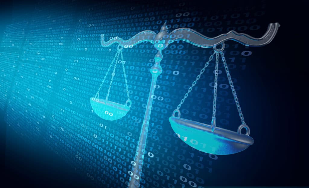 A digital scale of justice, glowing blue, against a dark background filled with binary code.