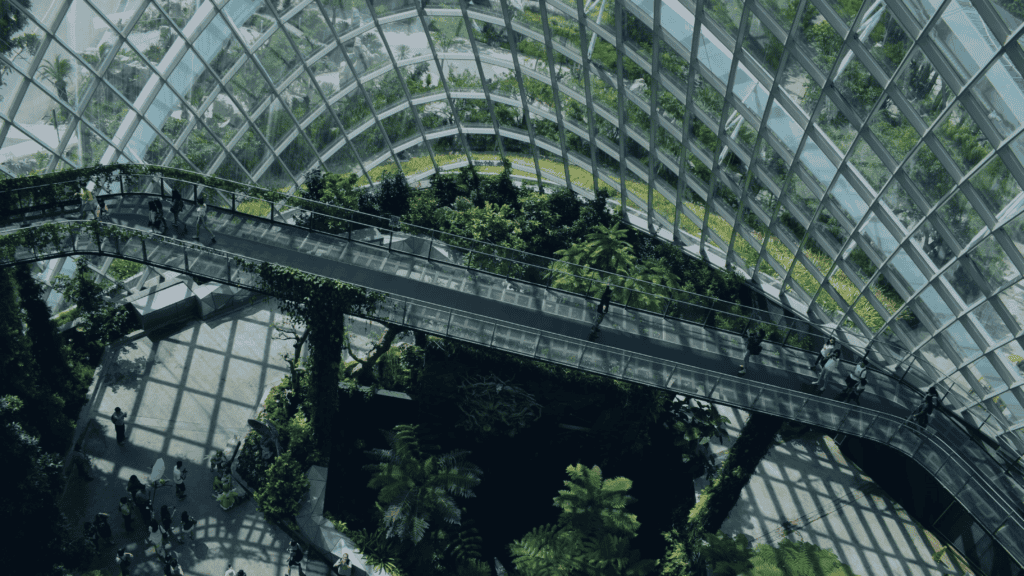 High-angle view inside a large glass conservatory with elevated walkways, lush green plants, and people.