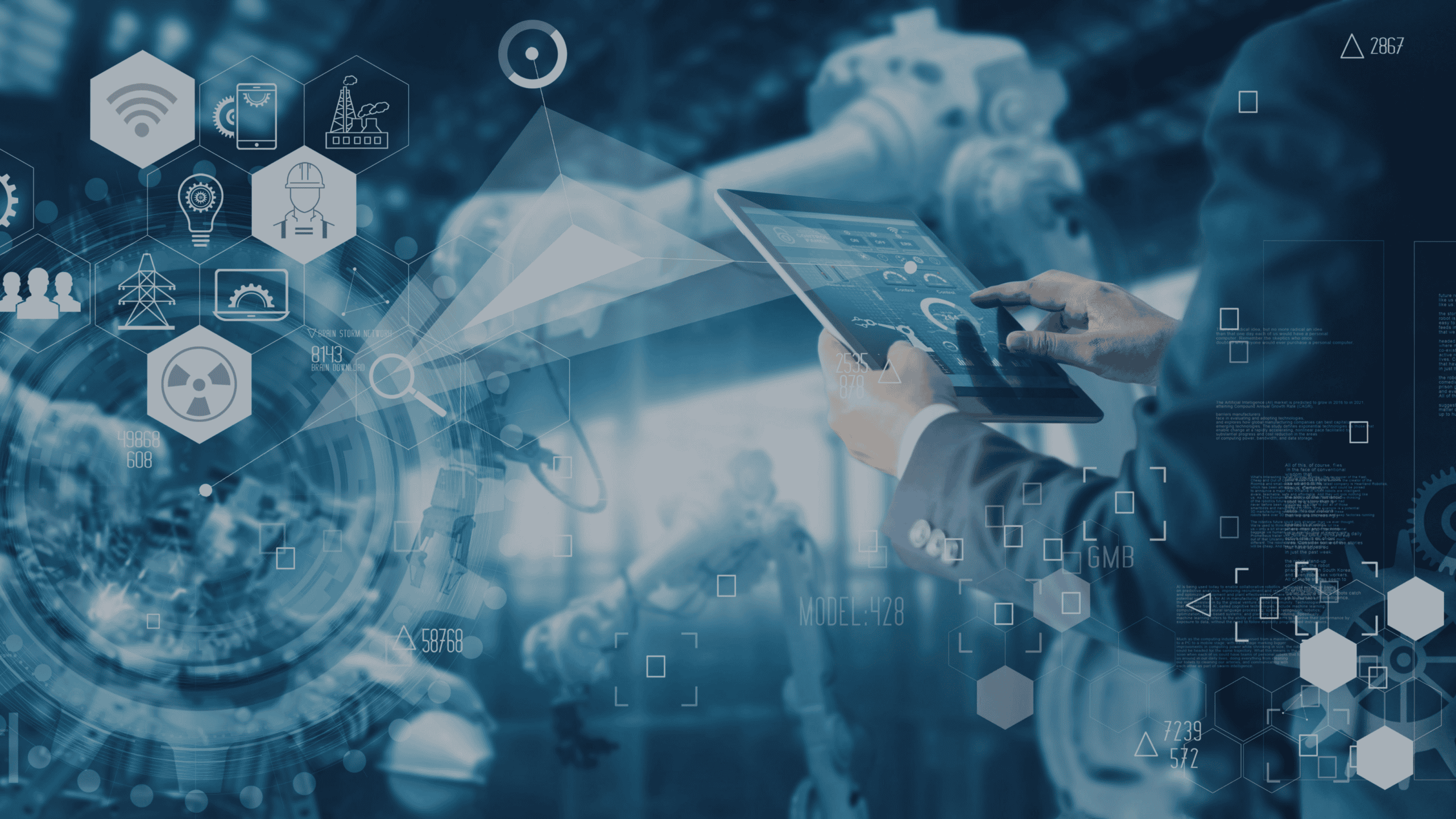 Hands holding a tablet with a digital interface, overlaid with tech icons and data, against a blurred industrial background with robotic arms.