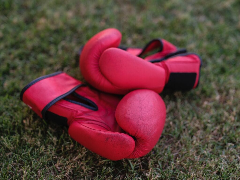 A pair of worn red boxing gloves lies on green grass.