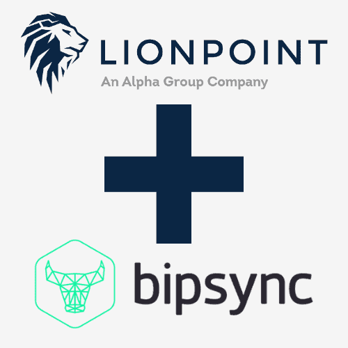 Lionpoint logo with a lion's head and text, a large plus sign, and the Bipsync logo with a geometric bull's head and text.
