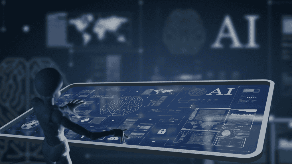A robot interacts with a large, transparent screen displaying AI data, brain outlines, world maps, and charts in a dark, futuristic setting.