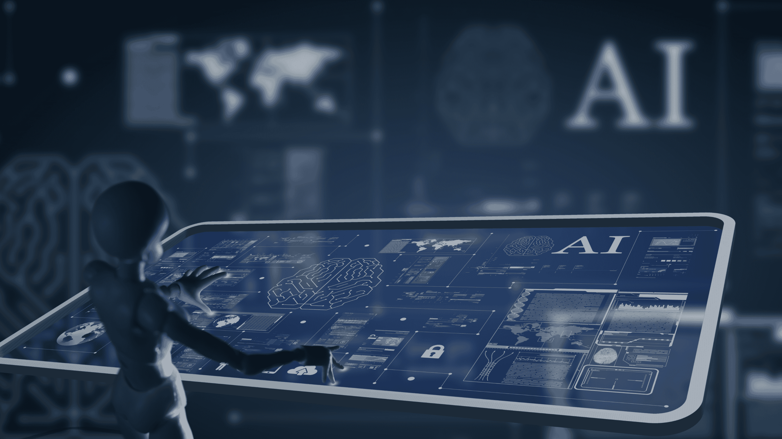 A robot interacts with a large, transparent screen displaying AI data, brain outlines, world maps, and charts in a dark, futuristic setting.