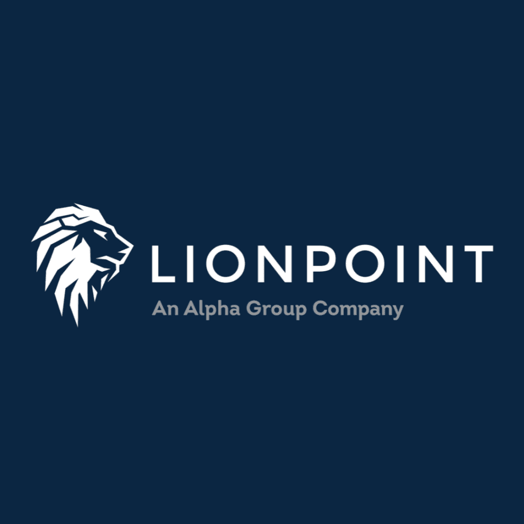 LIONPOINT logo with a white stylized lion's head and the text 'LIONPOINT An Alpha Group Company' on a dark blue background.