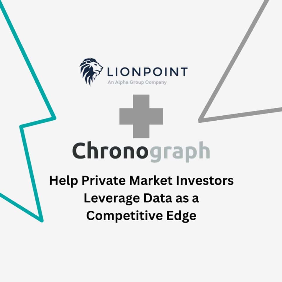Lionpoint and Chronograph logos with a plus sign between them, and text: 'Help Private Market Investors Leverage Data as a Competitive Edge'.