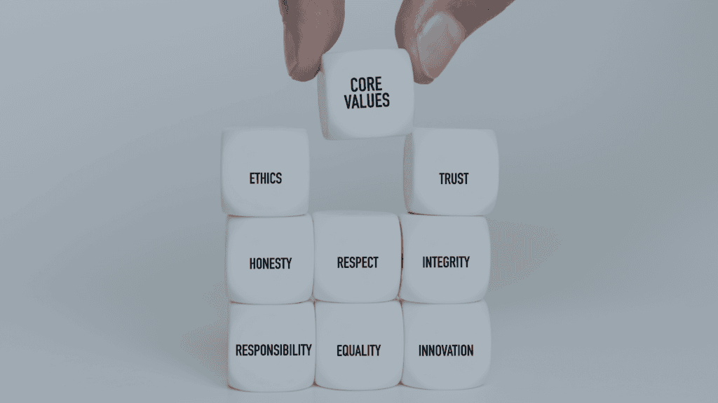 A hand places a die labeled 'CORE VALUES' on top of a stack of dice with words like 'ETHICS', 'TRUST', 'HONESTY', 'RESPECT', 'INTEGRITY', 'RESPONSIBILITY', 'EQUALITY', and 'INNOVATION'.