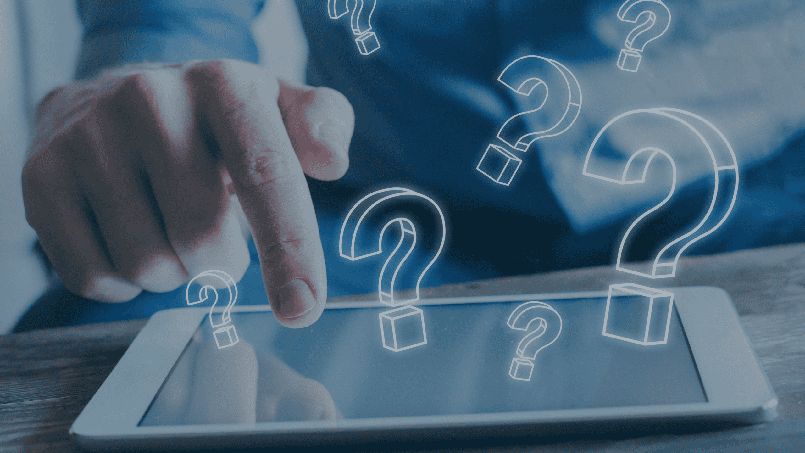 A hand touches a tablet screen, surrounded by glowing question mark icons.