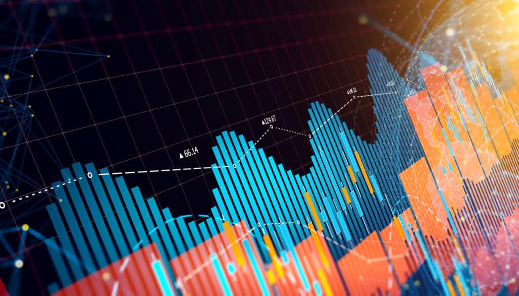 Digital image of financial charts with blue and orange bars, white line graphs with numbers, and a background of interconnected yellow dots on a dark grid, with an orange glow.